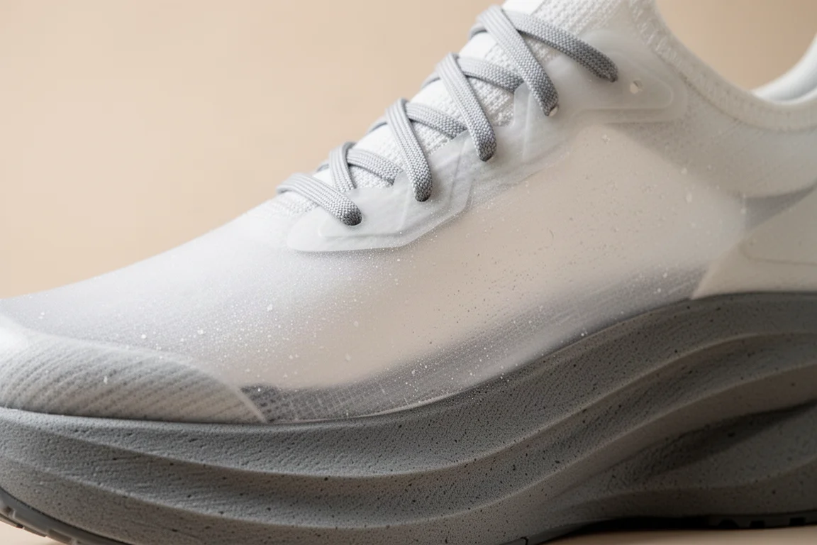 Nahaufnahme eines dünnen einteiligen synthetischen Schuhschafts, über die Zwischensohle gespannt