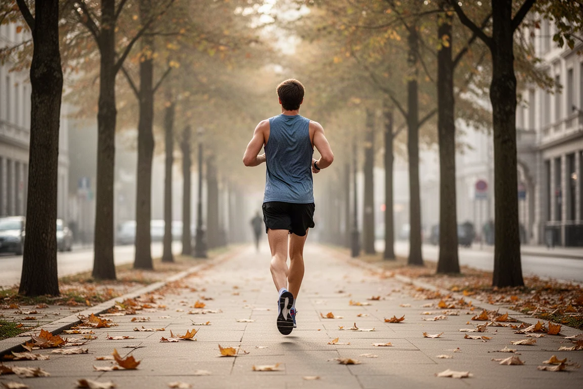 Läufer auf einem baumgesäumten Stadtstraßen bei einem lockeren Regenerationslauf
