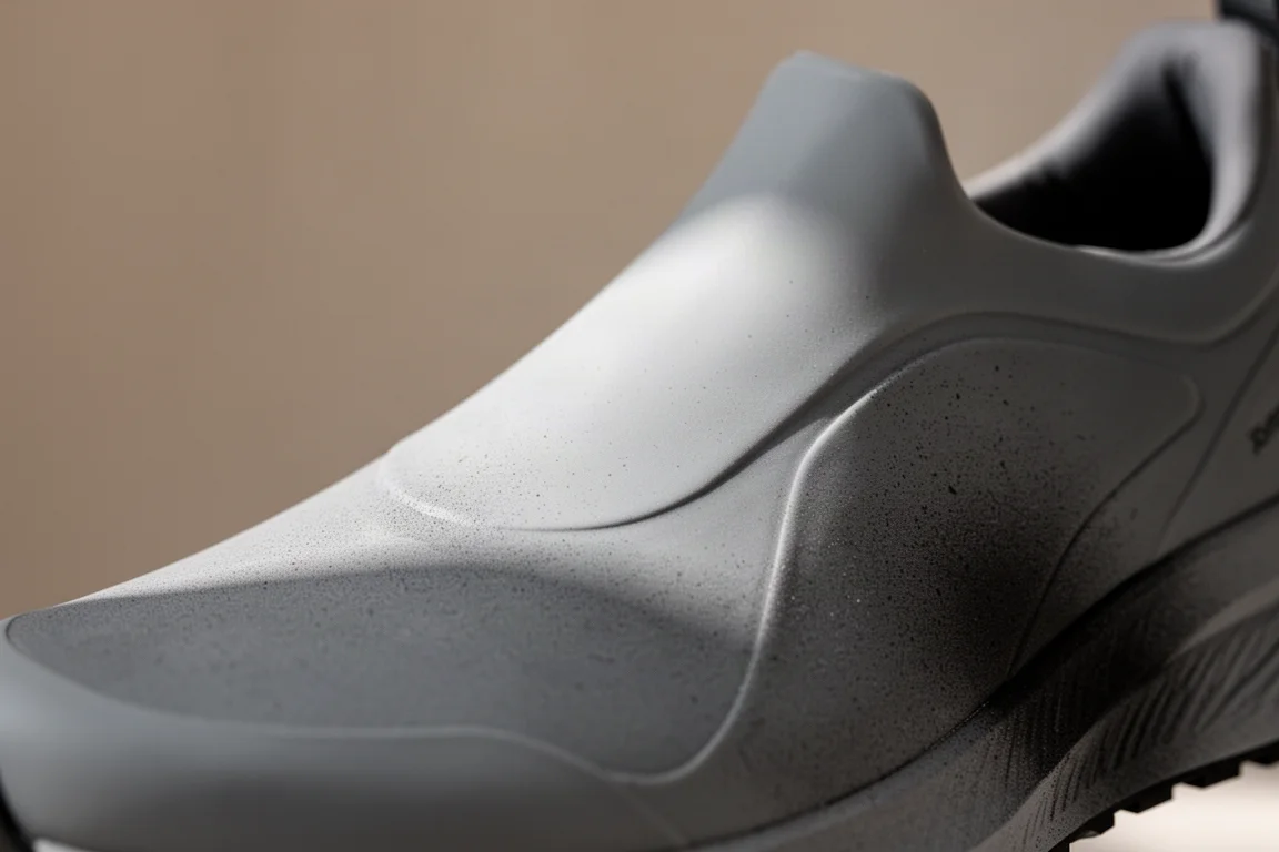 Close-up of a seamless spray-on running shoe upper with no laces or seams