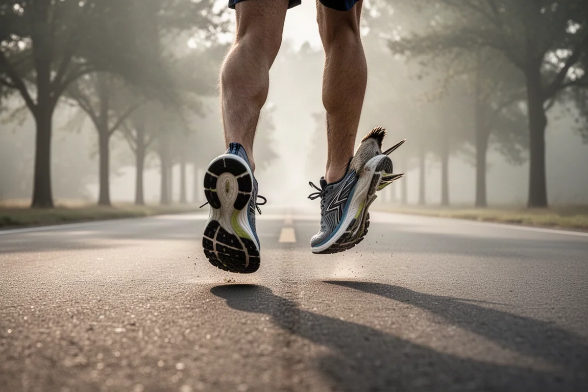 Runner's feet mid-stride on open tarmac road in soft morning light
