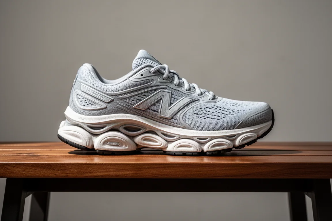 Highly cushioned running shoe midsole stacked on a bench showing deep foam layers