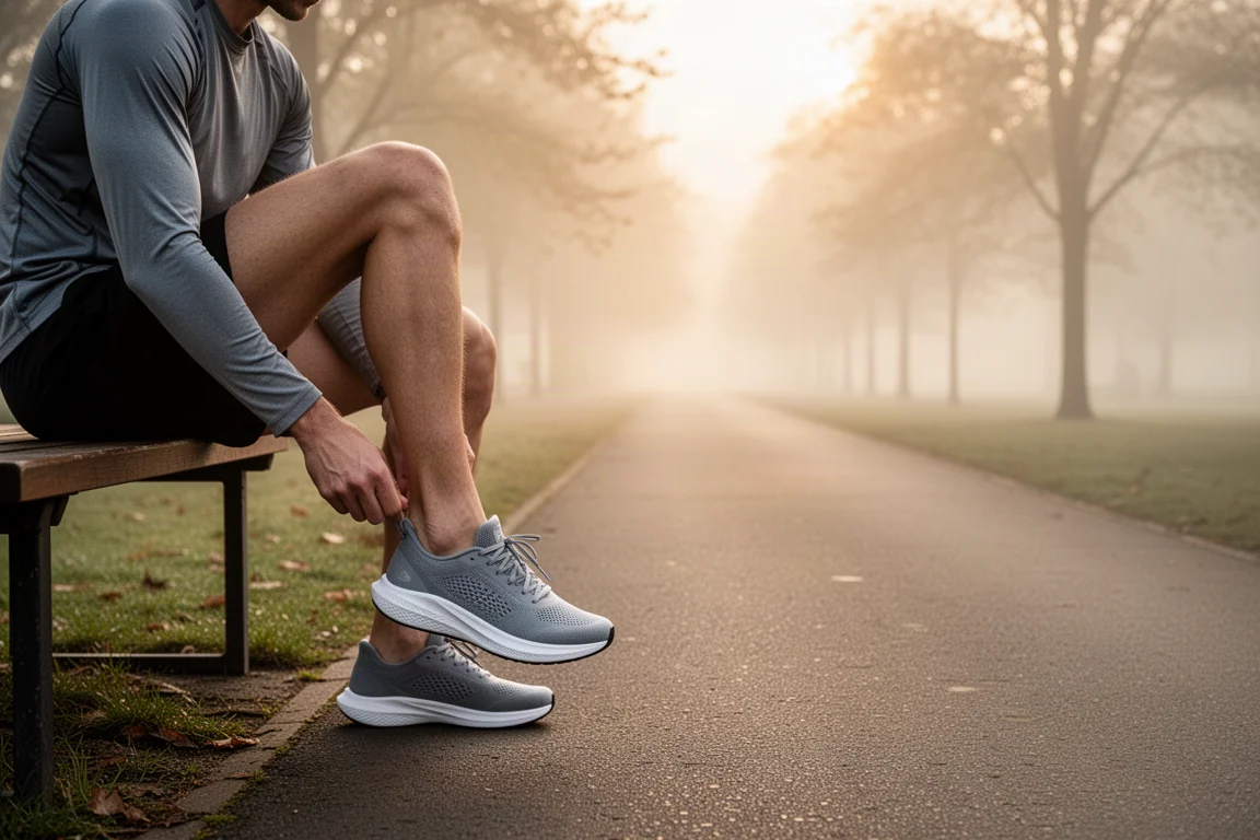 Runner tying lacing-free shoes at a park path before a tempo run at dawn