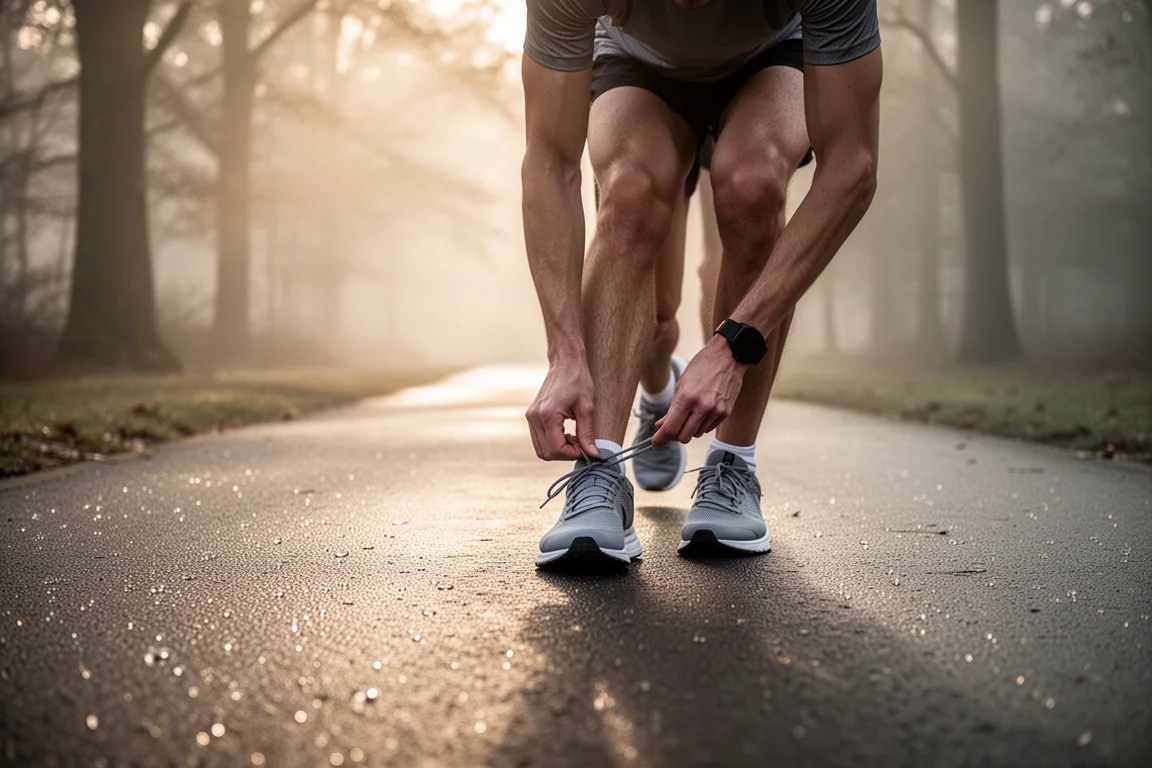 Runner ticking over easy miles on a smooth paved path in soft morning light