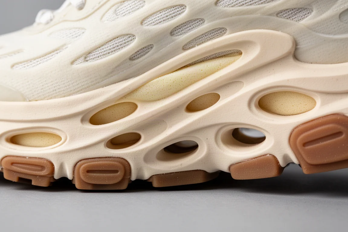Close-up of a thick white dual-foam midsole showing its curved rocker profile