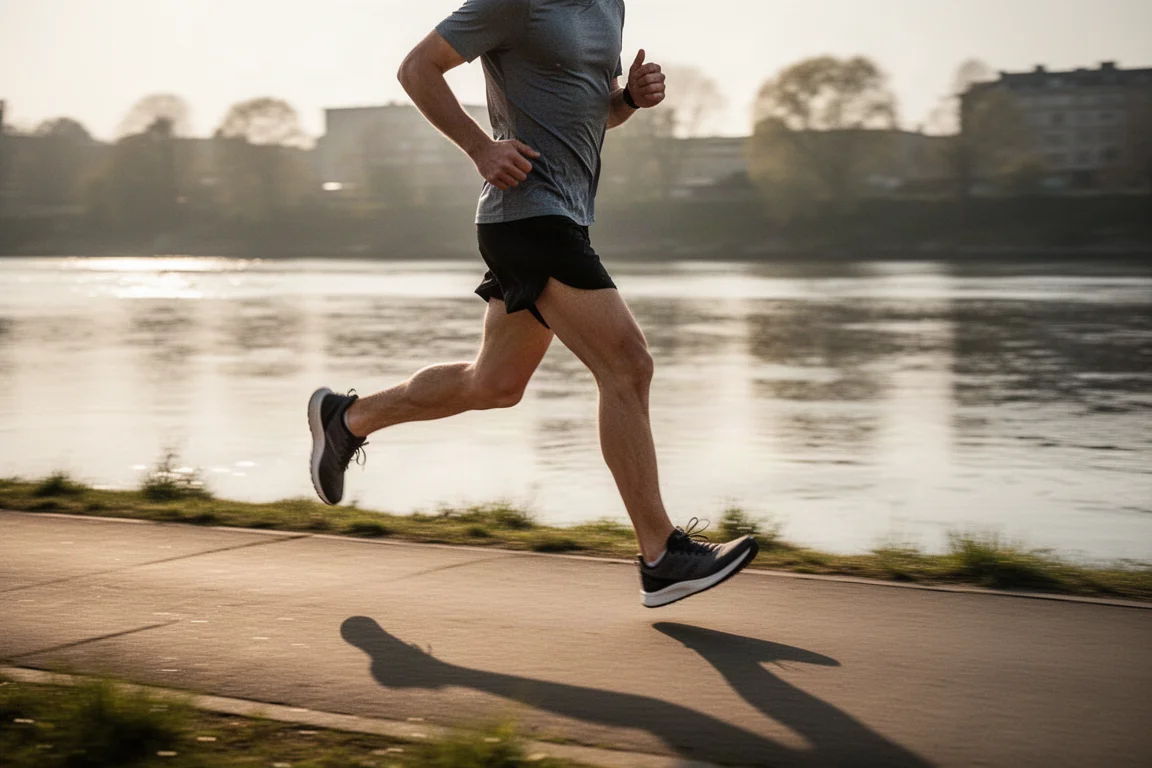 Runner's feet on tarmac mid-stride during a steady tempo effort at dusk