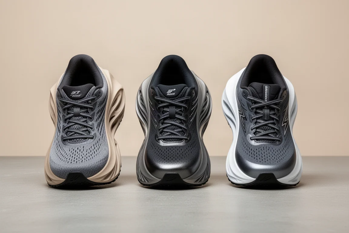Two cushioned daily trainers side by side on a floor next to a doorway