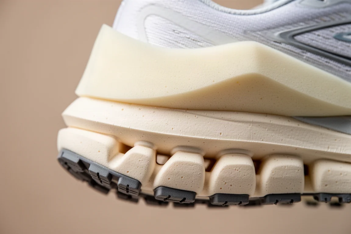 Close-up van een dikke, gedempte tussenzool van een hardloopschoen met schuimlagen en rubberring zool
