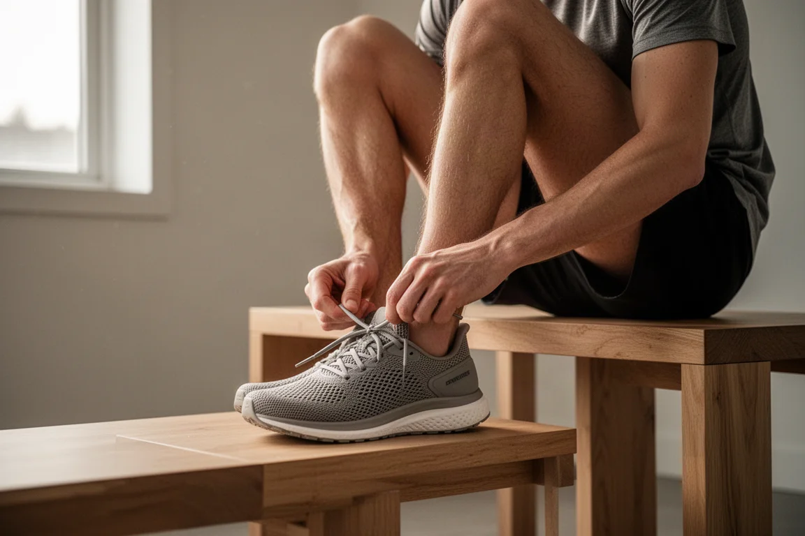 Hardloper die de veters strikt van een gevoerde mesh hardloopschoen voor een training