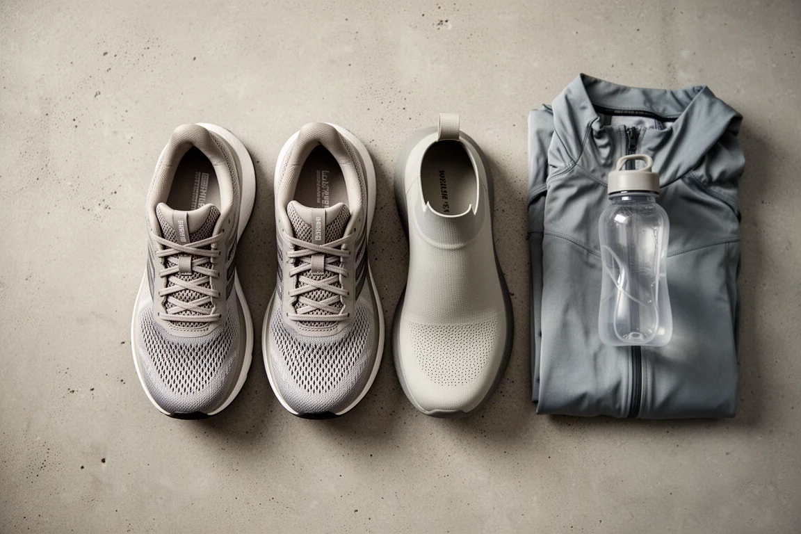 Flat-lay van twee hardloopschoenen naast elkaar op beton met hardloopuitrusting ernaast
