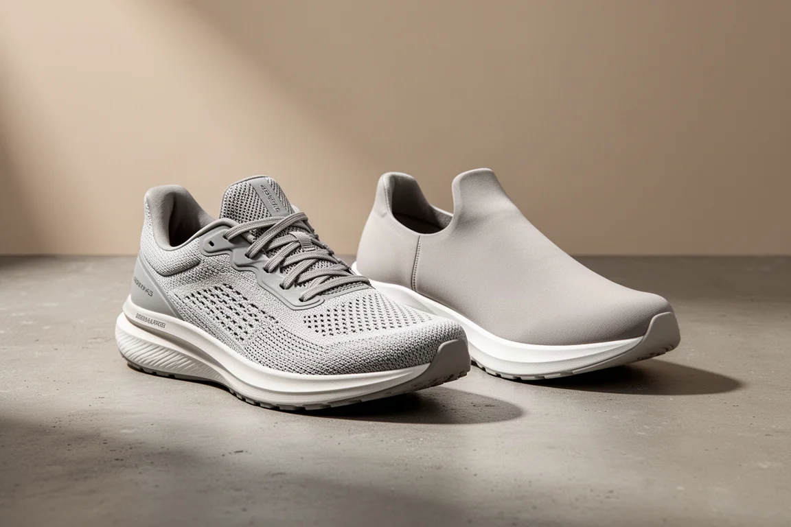 Two On running shoes side by side, one laced mesh version and one laceless version