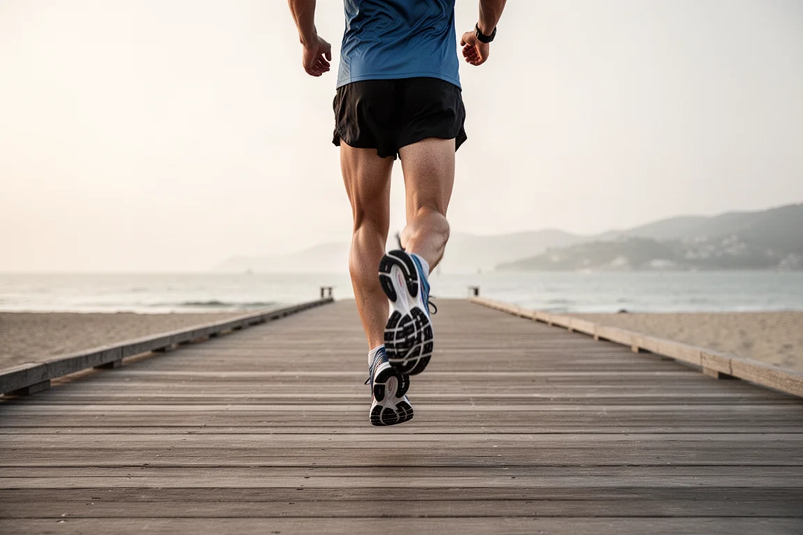 Runner cruising on a coastal boardwalk in high-stack running shoes