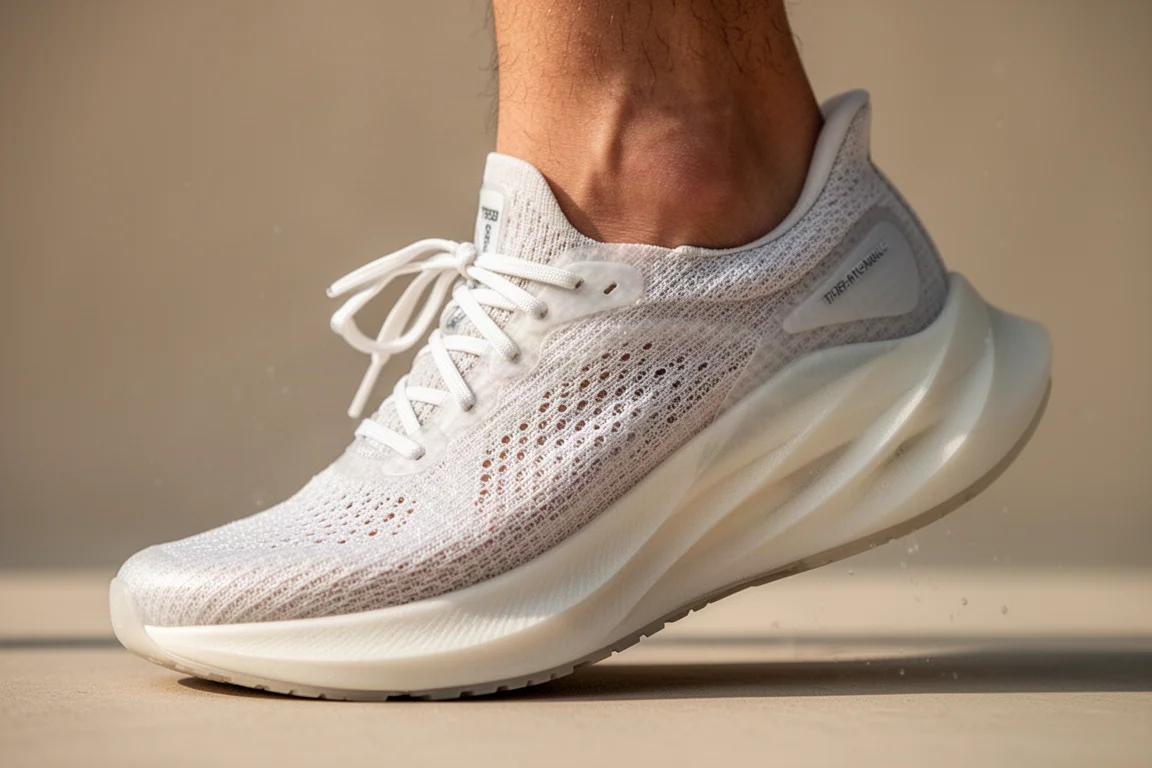 Close-up of a translucent mesh running shoe upper on a foot