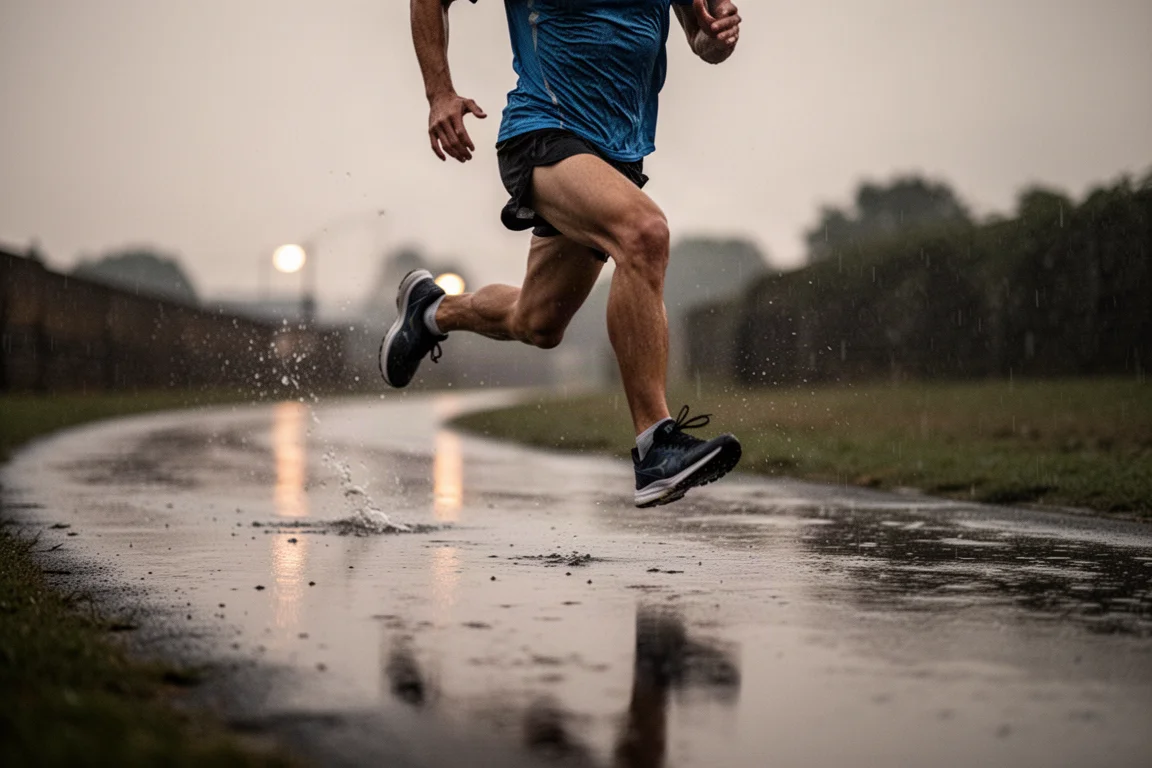 Runner picking up the pace on a rainy path at dusk