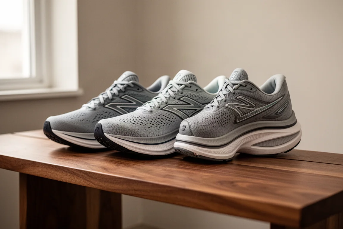 Three high-stack running shoes side by side on a bench