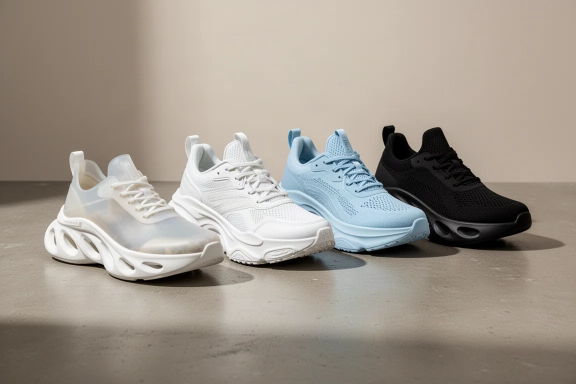 Four modern high-stack running shoes lined up on a concrete surface