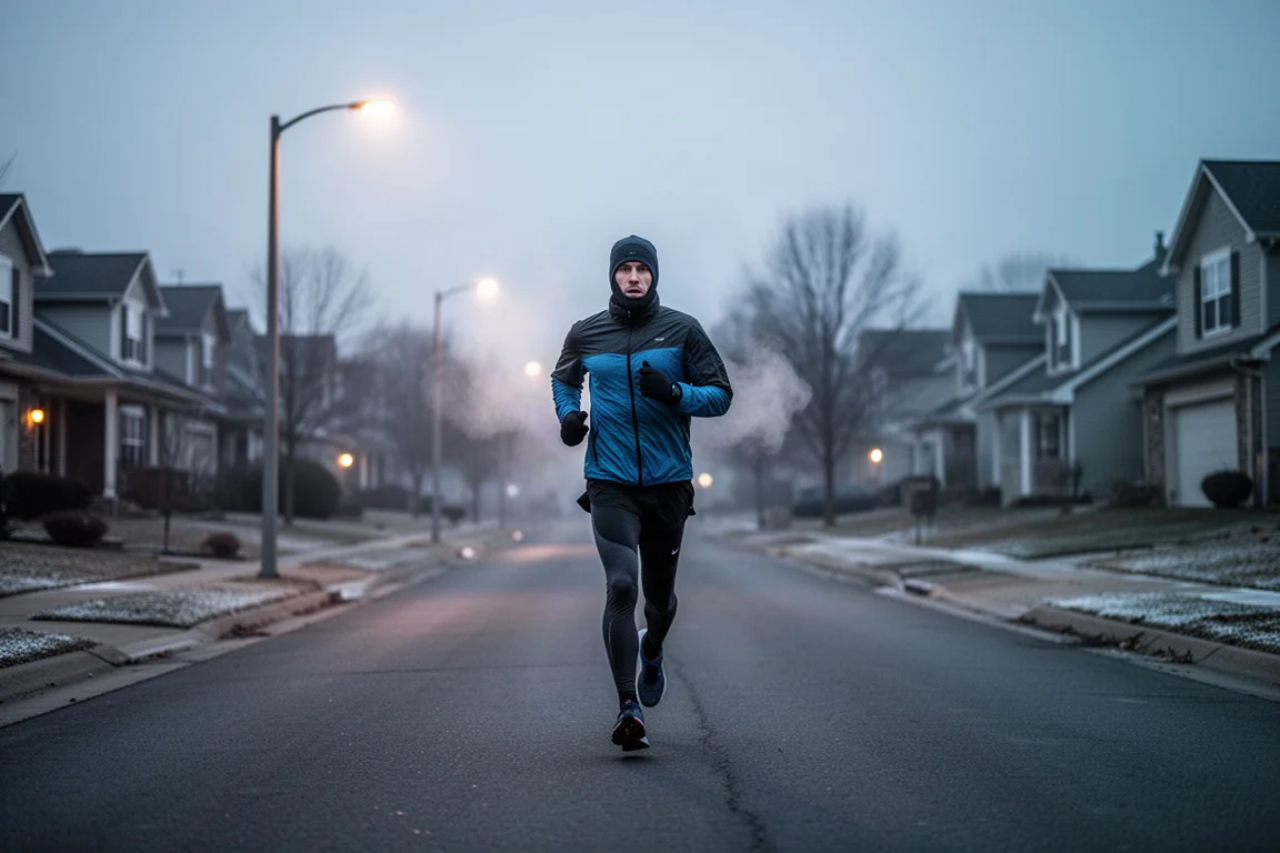Runner heading out for an early morning run in cold, dark conditions