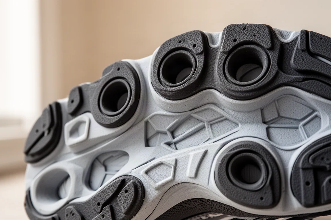 Close-up of a sculpted running shoe midsole with large circular cavity pods