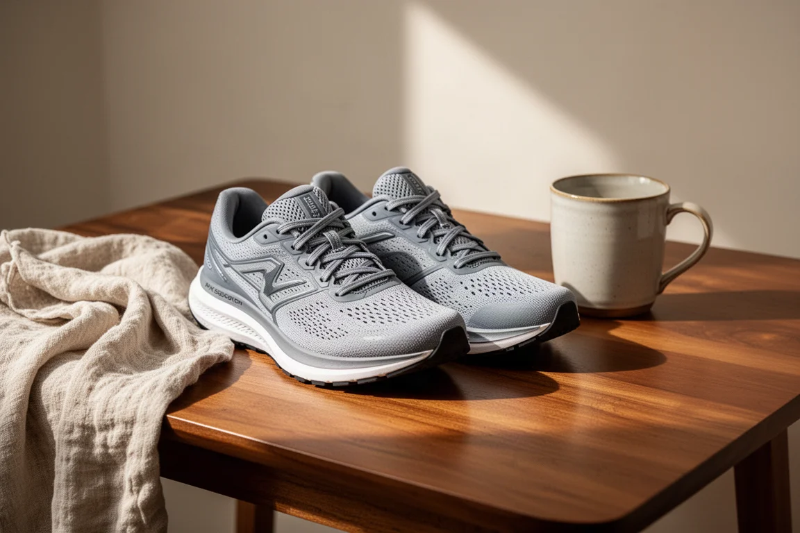 Running shoes resting on a wooden table next to a morning coffee