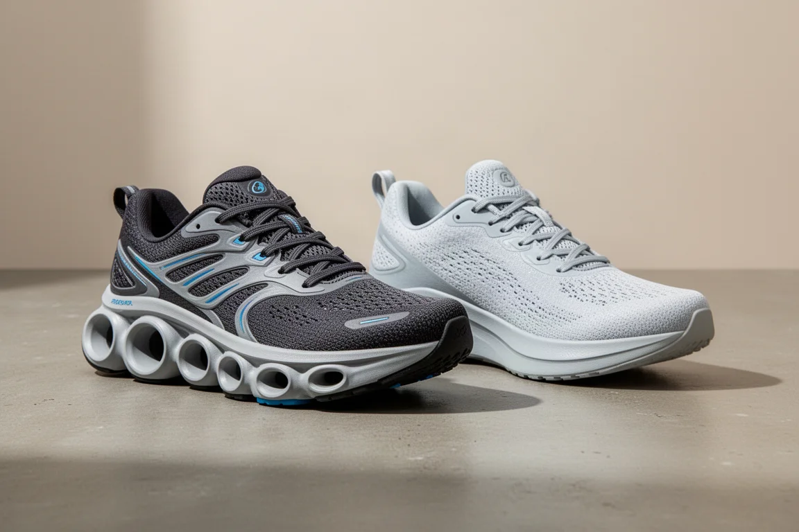 Two max cushion running shoes side by side on a concrete surface