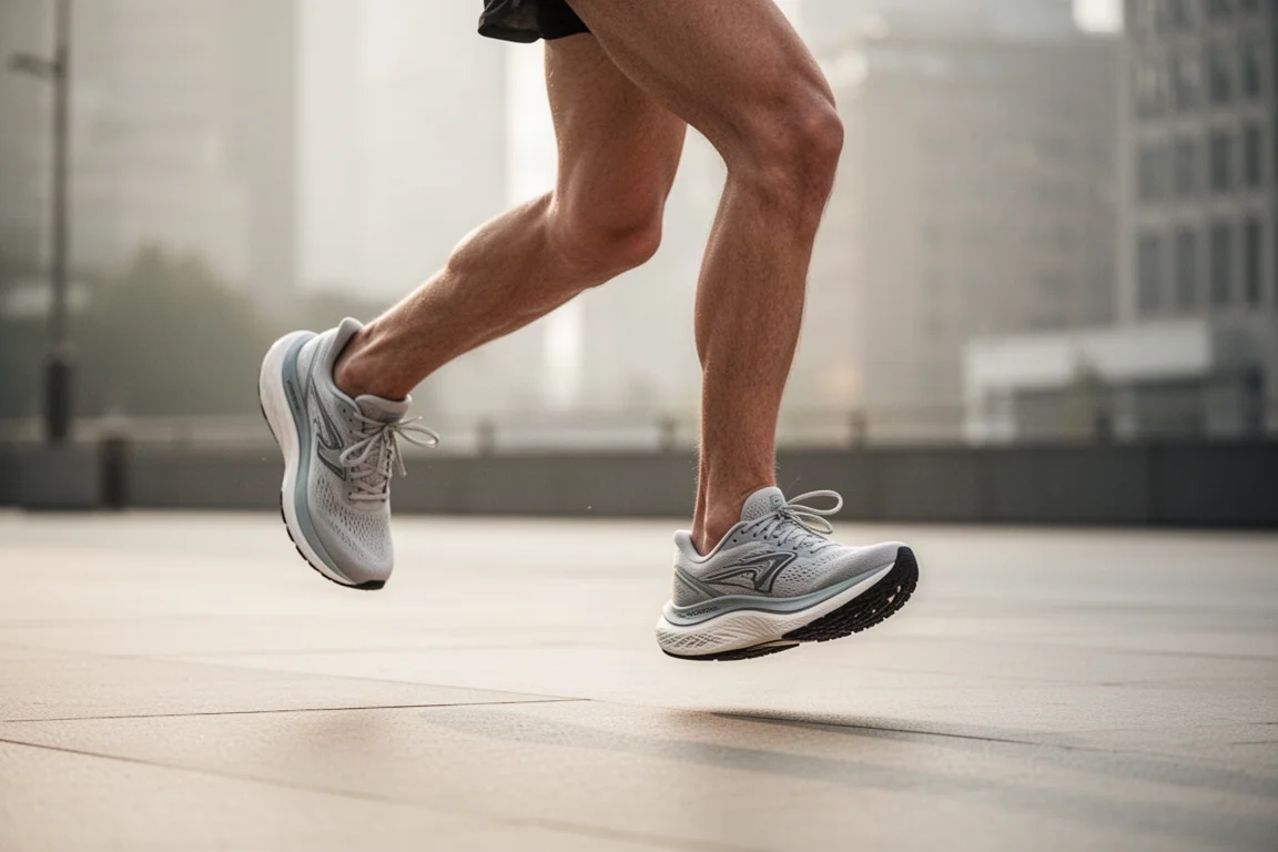 Runner logging easy miles on paved city streets in soft morning light