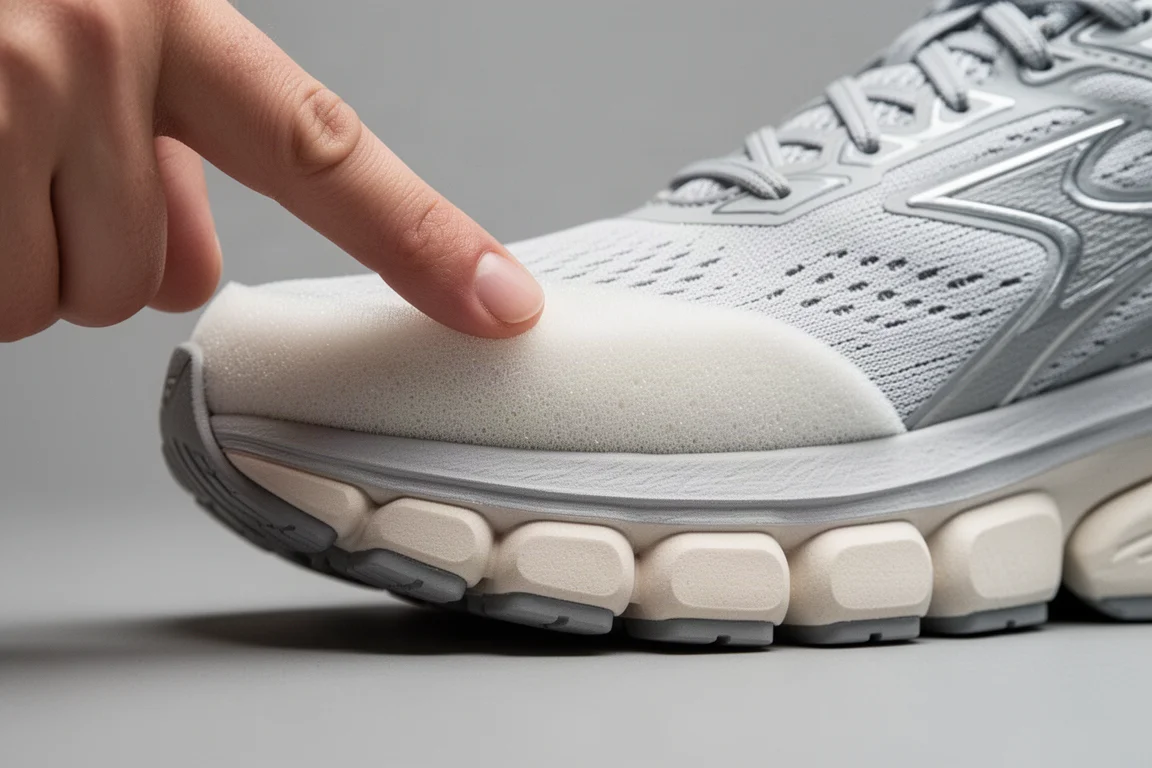 Close-up of a layered dual foam running shoe midsole showing soft forefoot foam