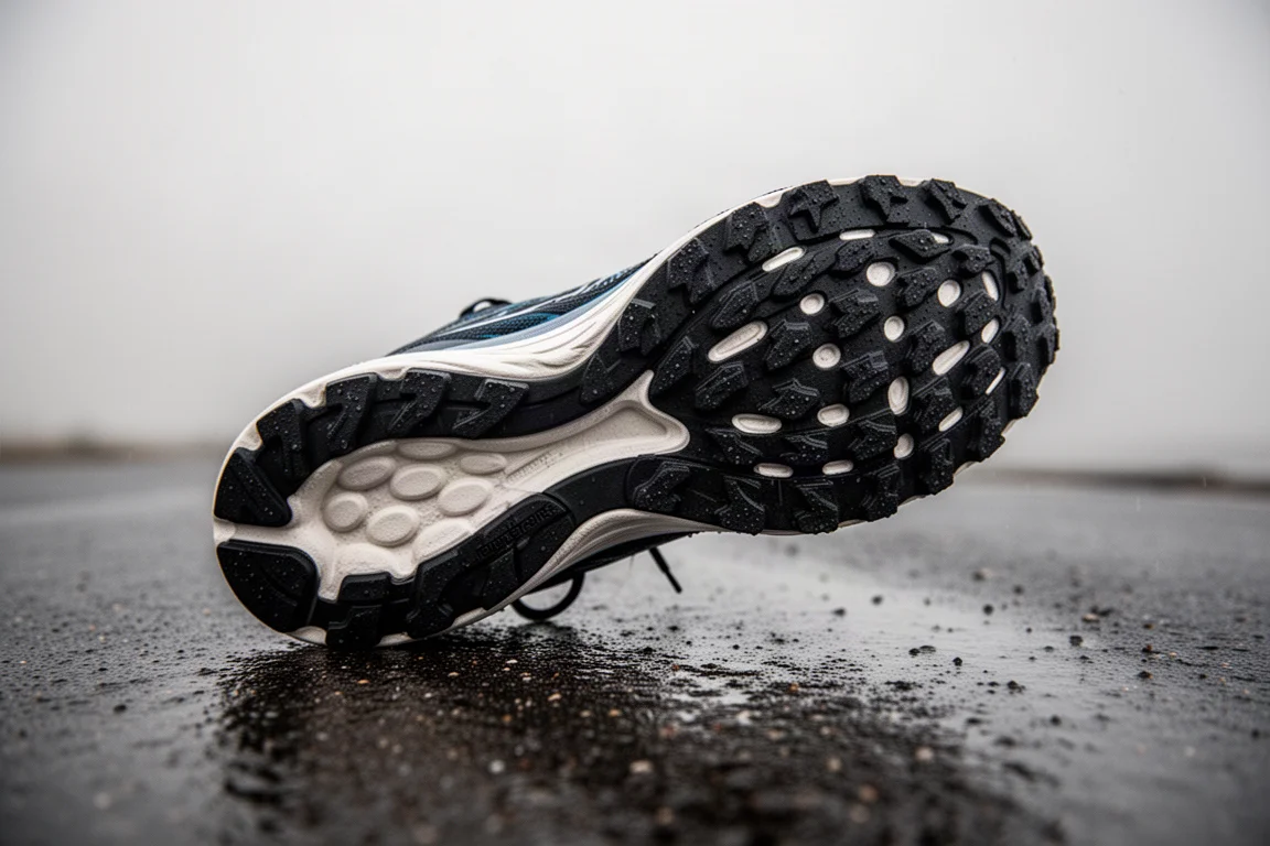 Thick lugged rubber outsole of a running trainer on wet pavement