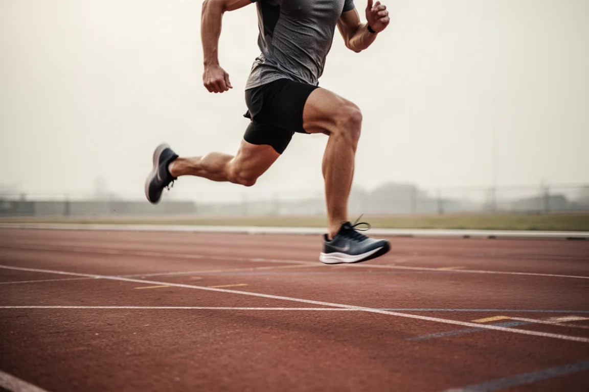 Hardloper die intervallen versnelt op een atletiekbaan in zacht daglicht