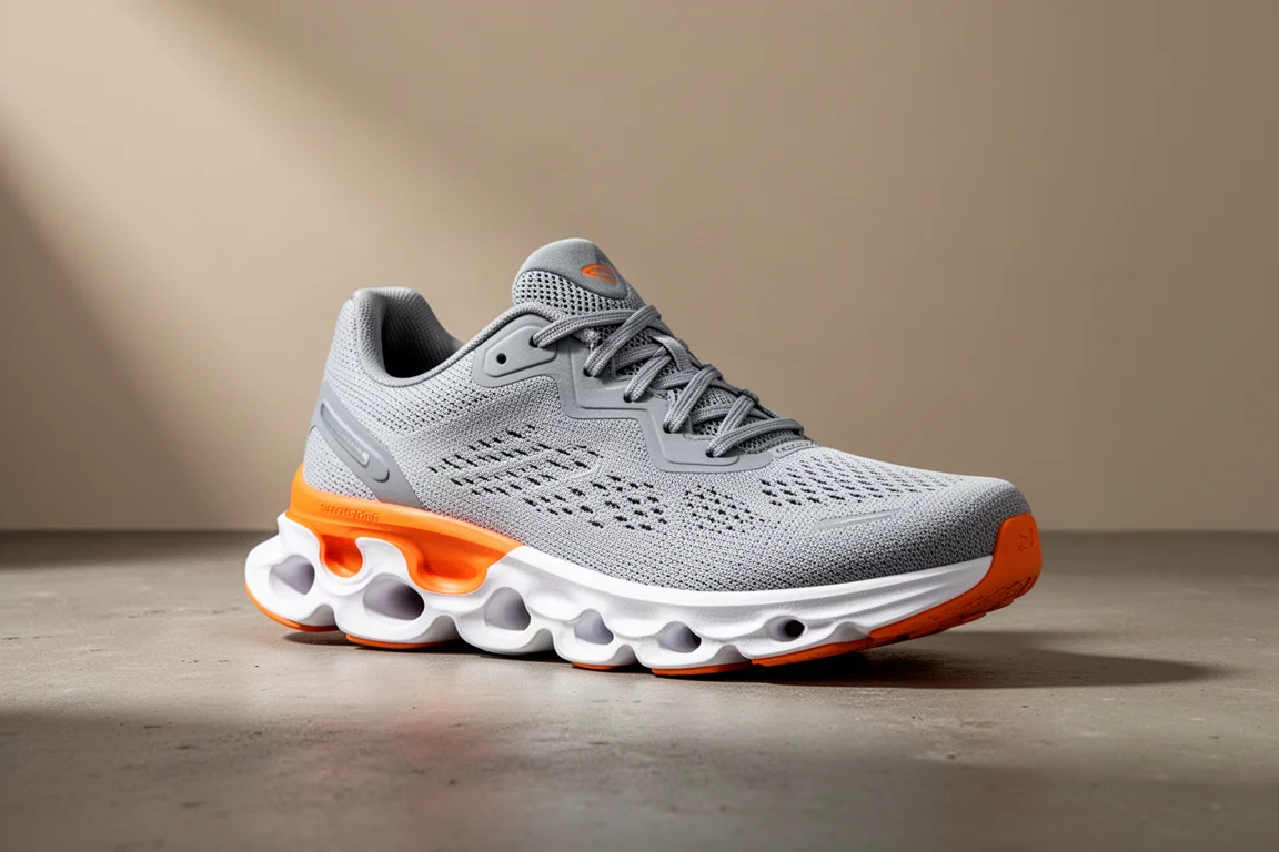Max-cushion running shoe with white and orange midsole on concrete
