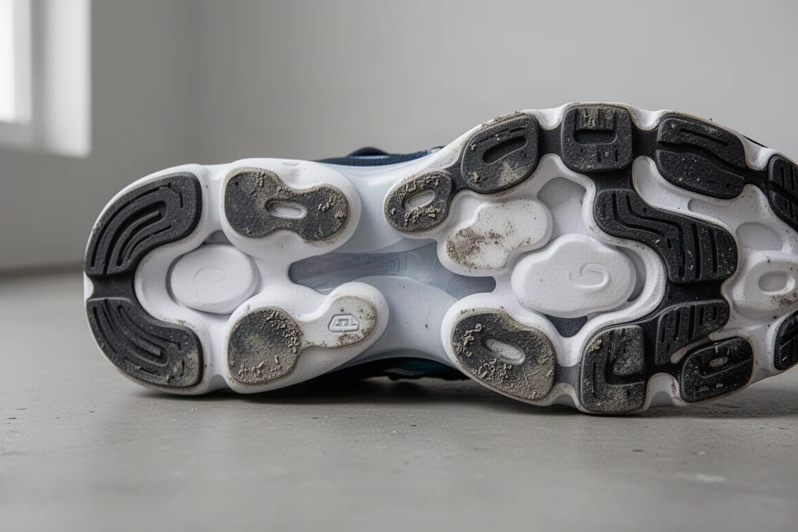 Close-up of a sculpted running shoe midsole showing foam pods