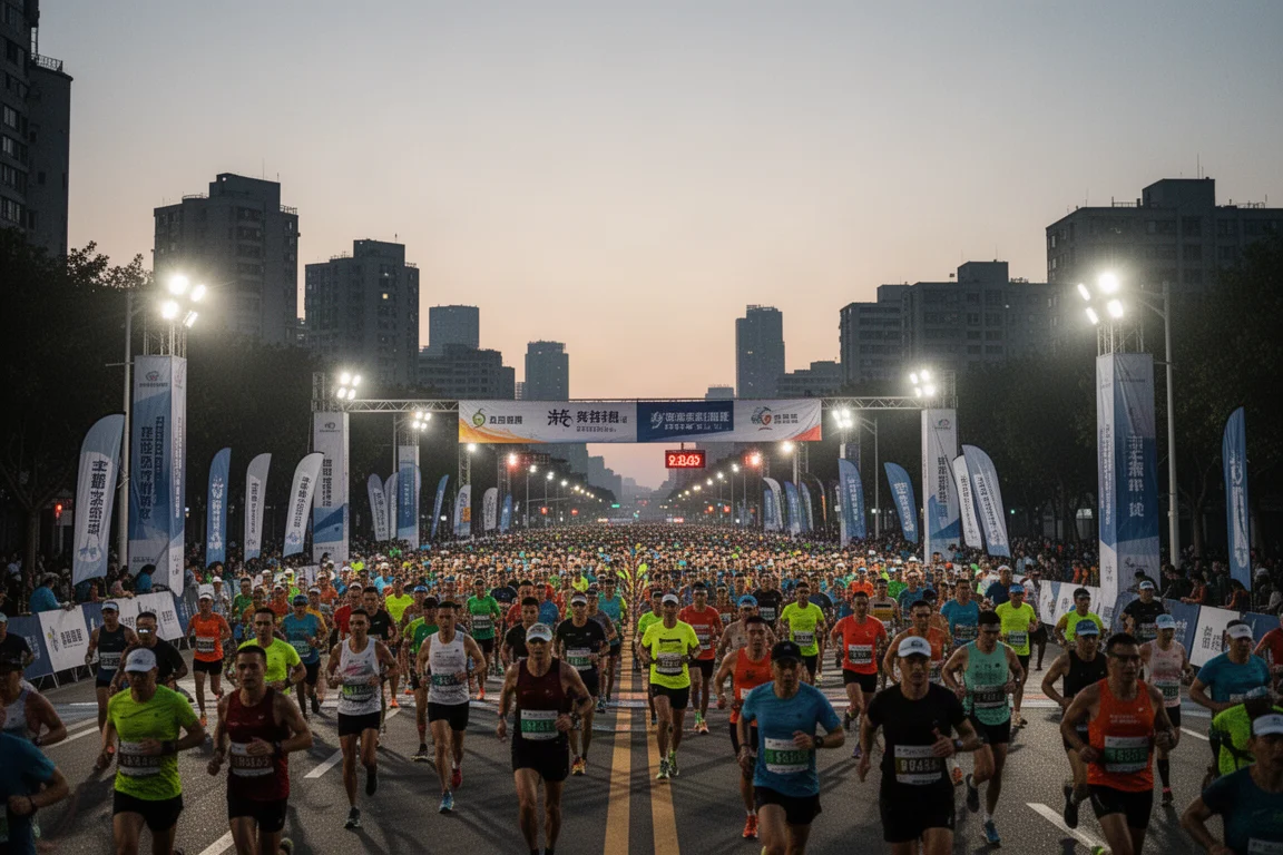 Large ultra marathon event with thousands of runners at the start line before dawn