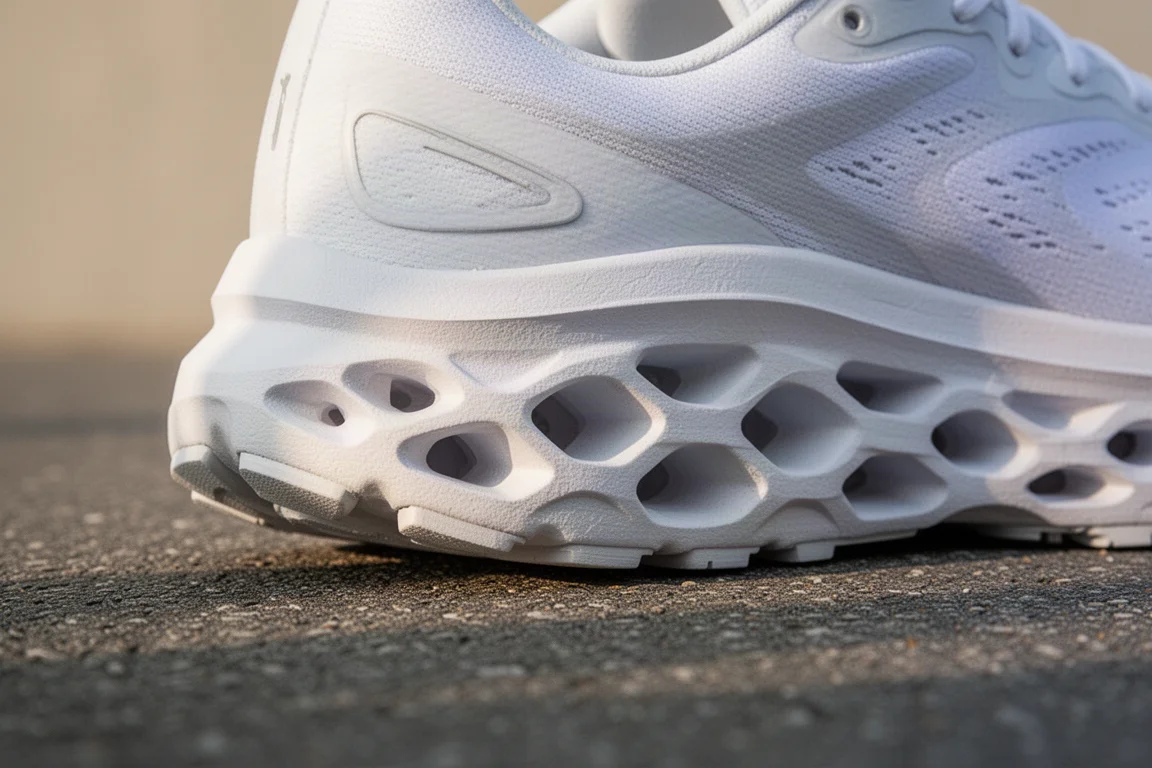 Close-up of a thick cushioned running shoe midsole compressing on asphalt