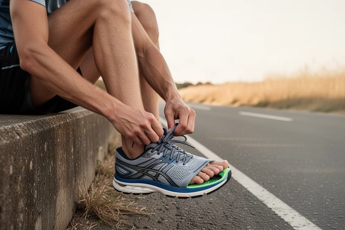 Runner checking comfortable toe room in a high-volume running shoe