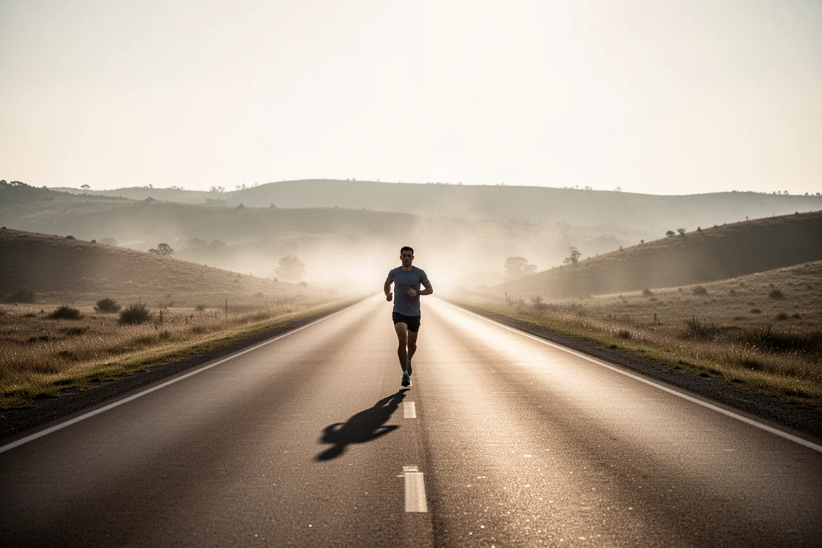 Runner moving steadily along a long straight road in late race conditions