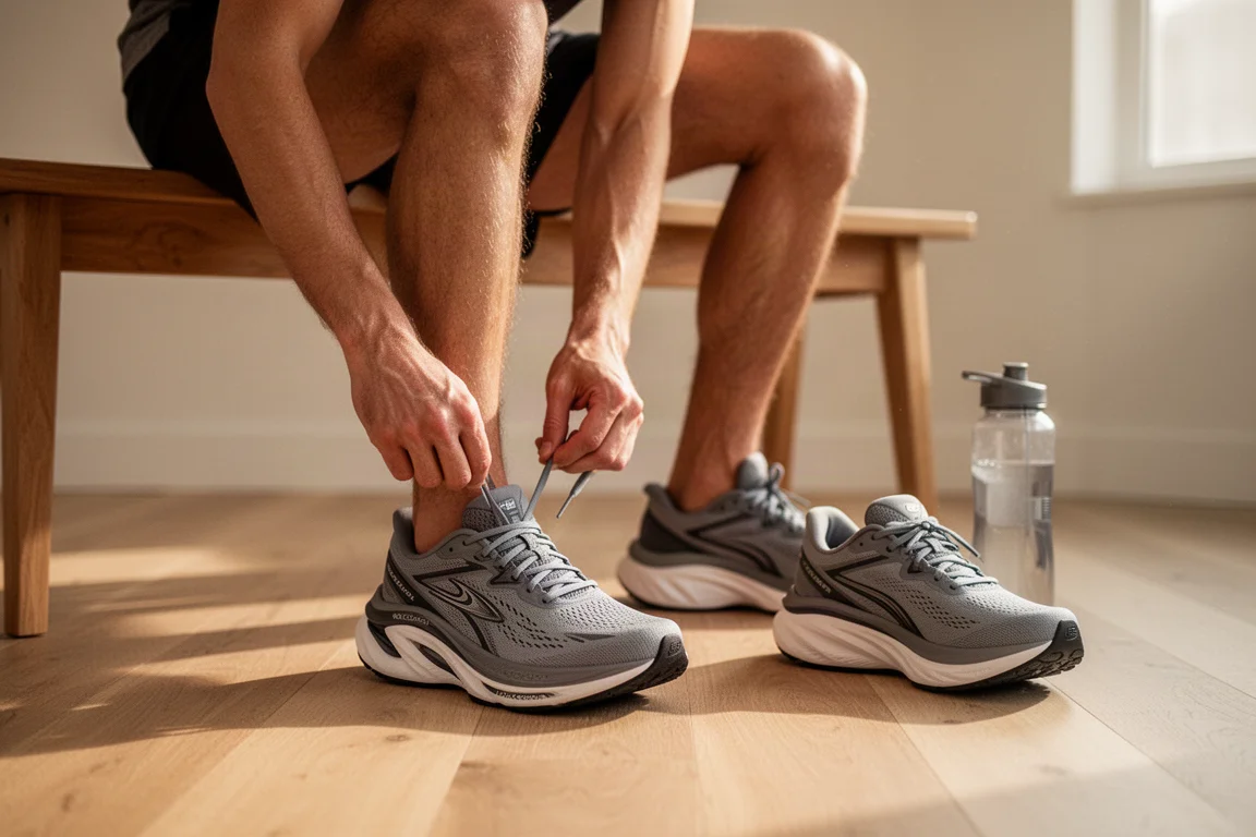 Runner lacing up a pair of max cushion running shoes at home