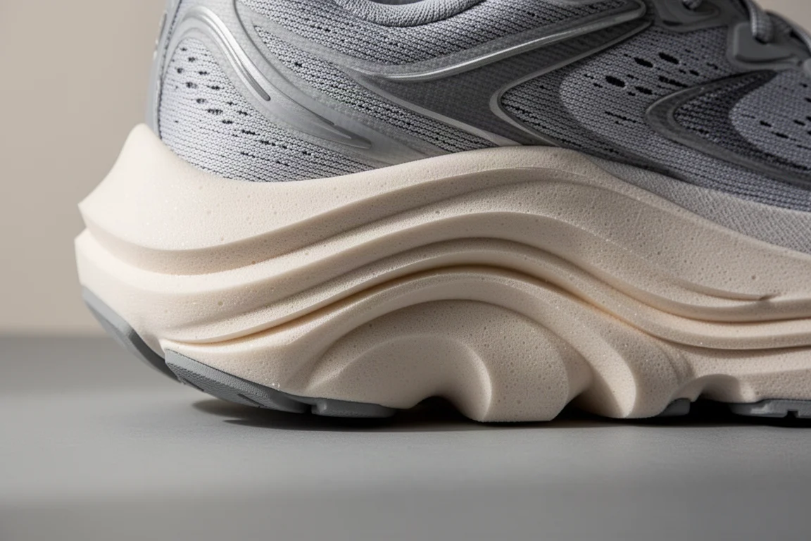 Close-up of a thick midsole showing cushioning foam elements