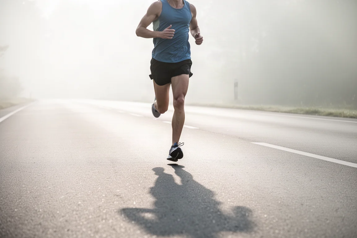 Runner turning over pace on an empty road in the early morning