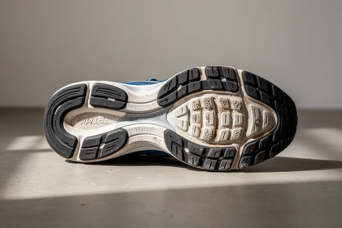 Outsole of a running shoe showing rubber coverage after use