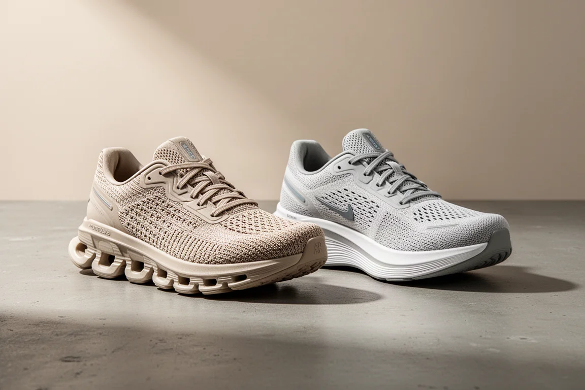 On Cloudmonster Hyper and On Cloud Eclipse running shoes side by side on concrete