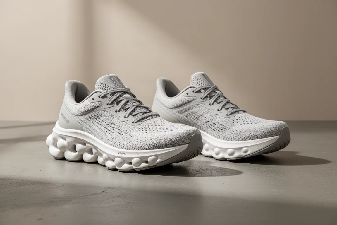 Deux chaussures de running très amorties côte à côte sur du béton