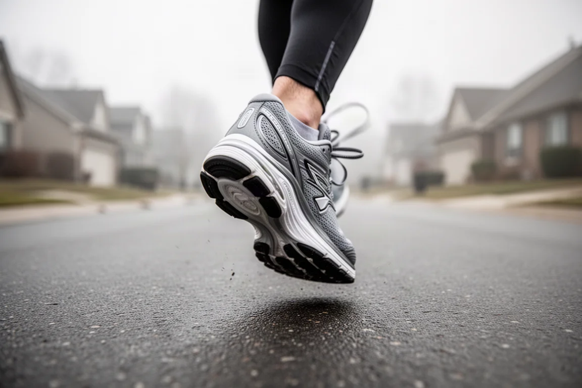 Pied d'un coureur se posant sur l'asphalte dans une chaussure de running amortie