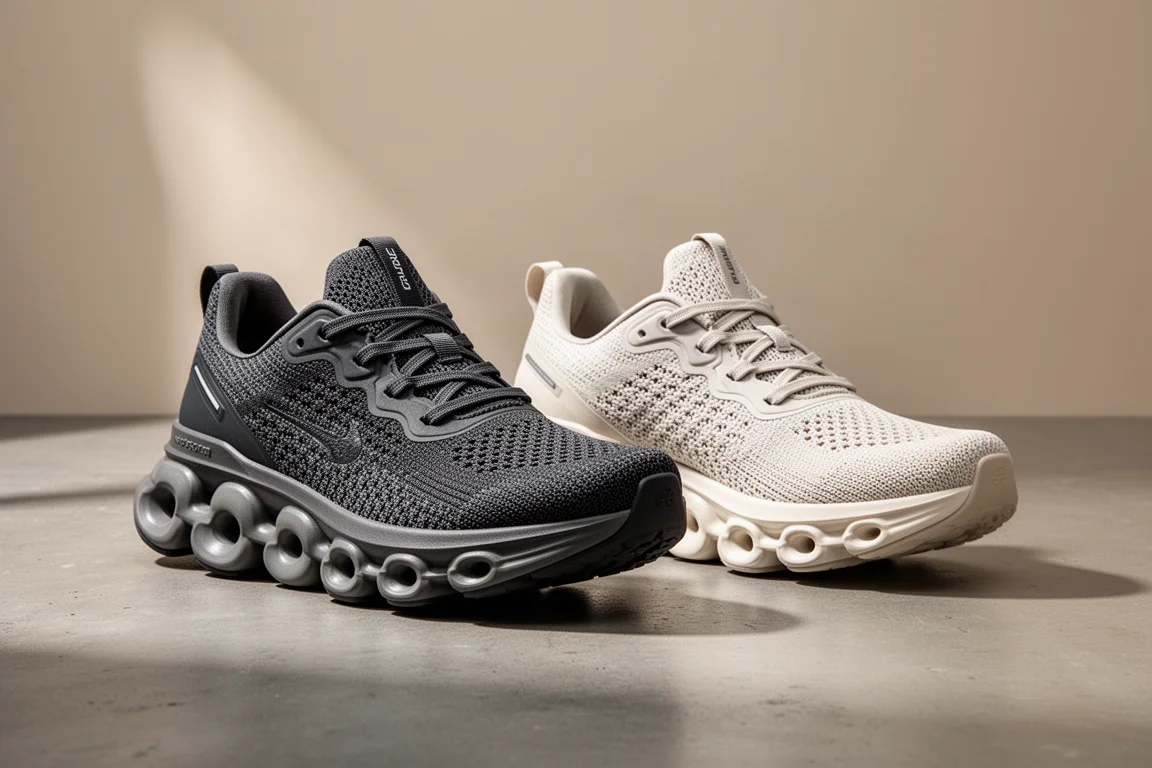 On Cloudmonster Hyper and Cloudmonster 2 running shoes side by side on concrete