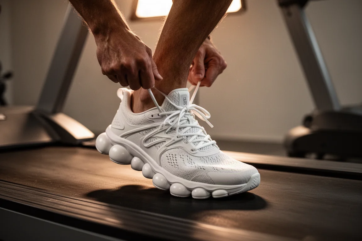 Corredor atándose las zapatillas de una entrenadora premium en una cinta de correr en un gimnasio al amanecer
