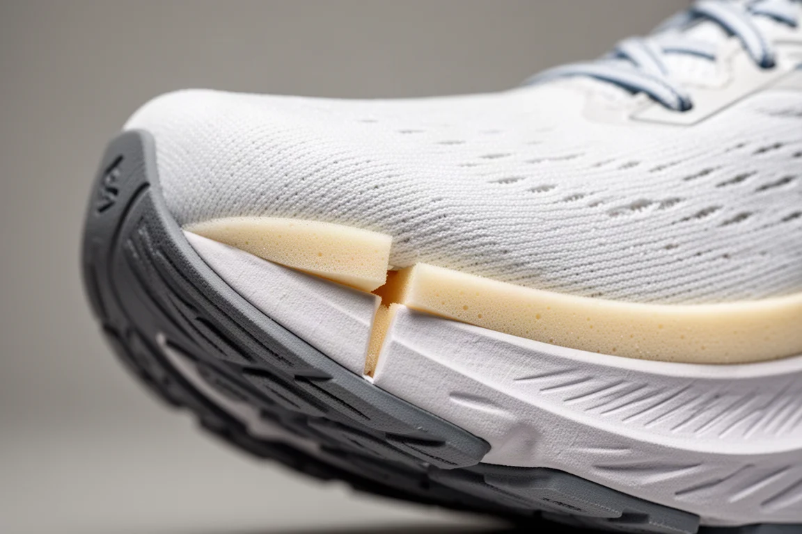 Vista de detalle de la mediasuela de una zapatilla de running mostrando dos capas de espuma diferentes