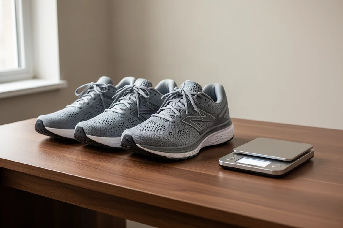 Tres zapatillas de running alineadas junto a una pequeña báscula digital sobre un escritorio de madera
