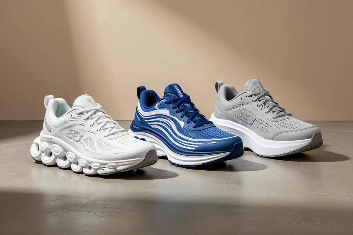 Three premium running shoes lined up on a concrete surface