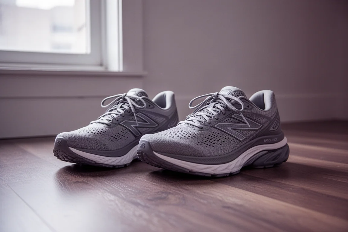 Paar gedempte hardloopschoenen naast de deuropening van een lichte hal thuis