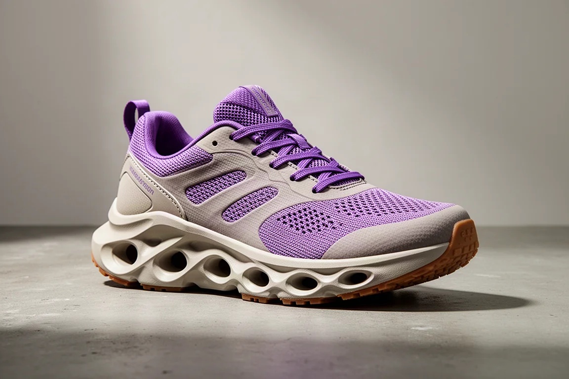 Chunky max cushion running shoe with cloud-shaped midsole pods on concrete
