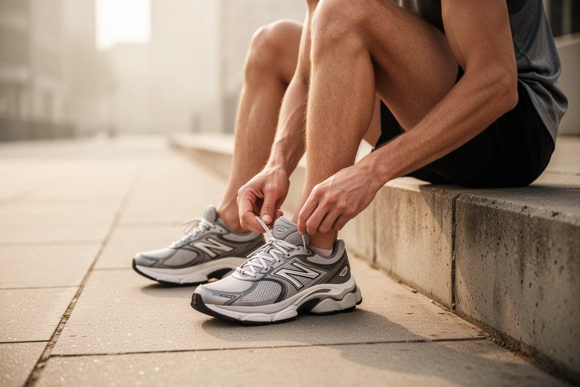 Un runner che allaccia una scarpa smorzata su un marciapiede soleggiato