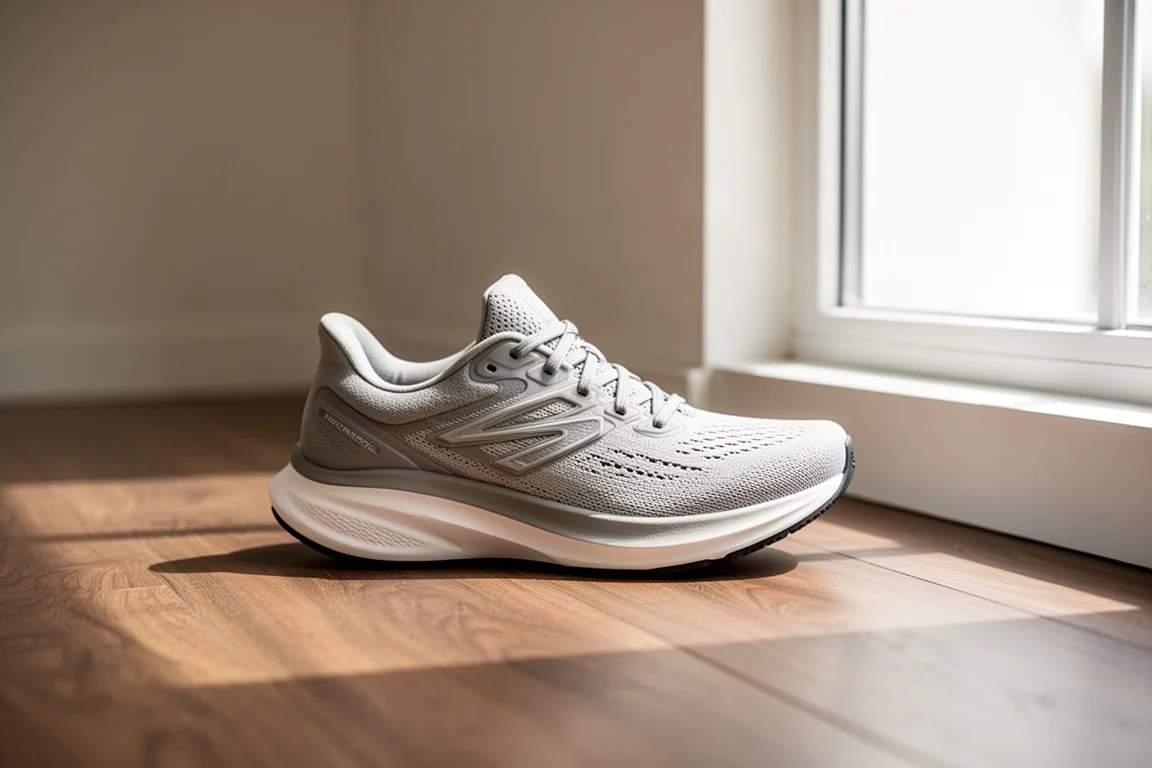 Una singola scarpa da running smorzata appoggiata su un pavimento in legno accanto a una finestra