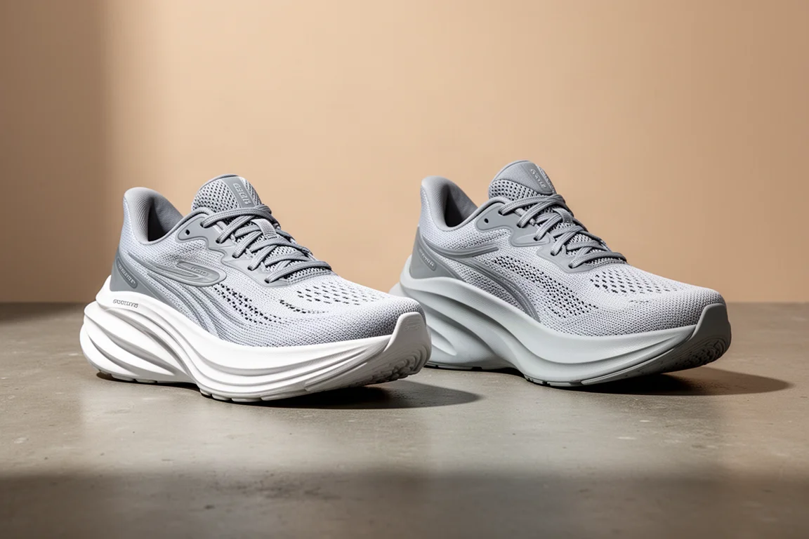 Two high-cushion running shoes side by side on a concrete surface